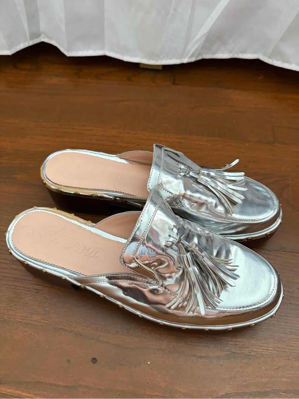 J. Crew Silver Metallic Tassel Backless Loafers